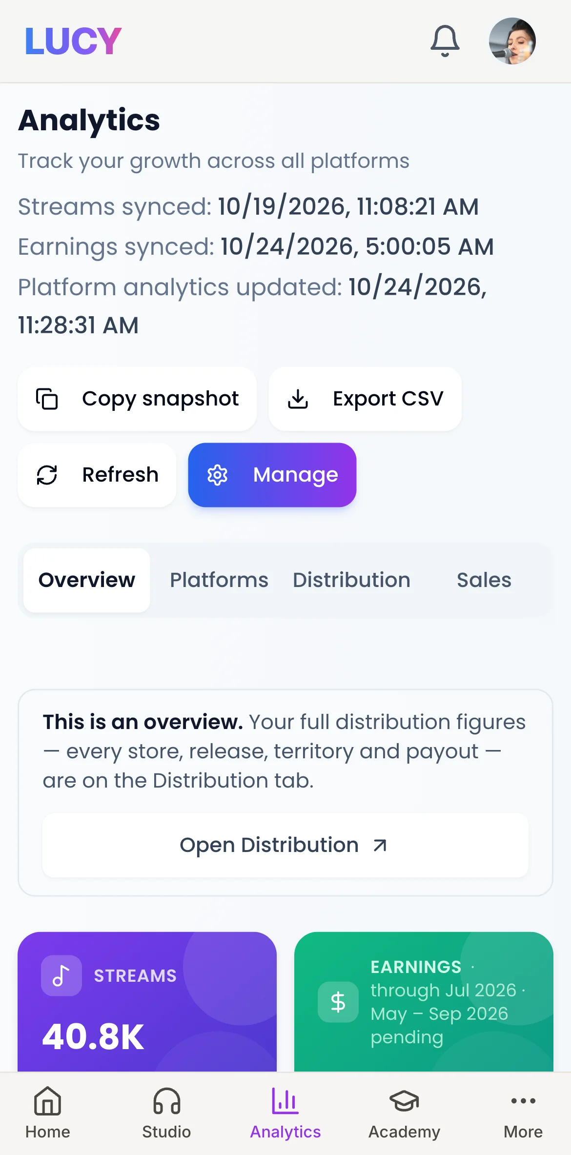 LUCY Analytics: streams, earnings and followers from every store