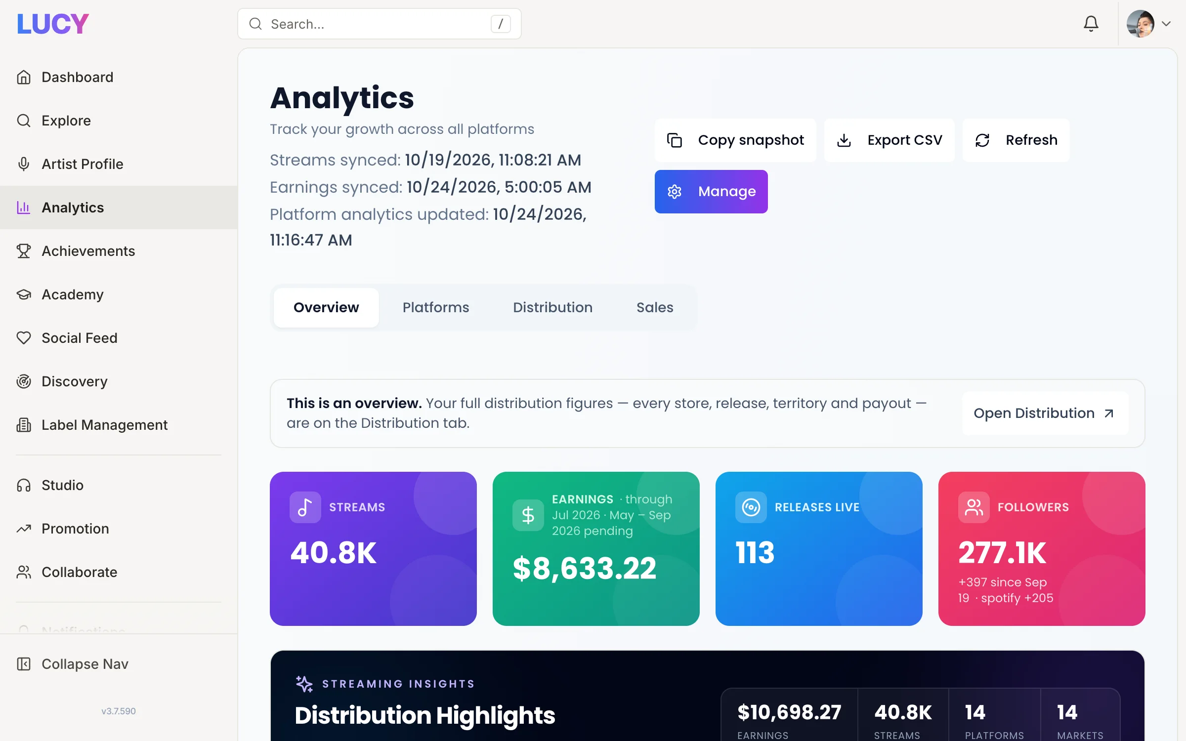 LUCY Analytics: streams, earnings and followers from every store