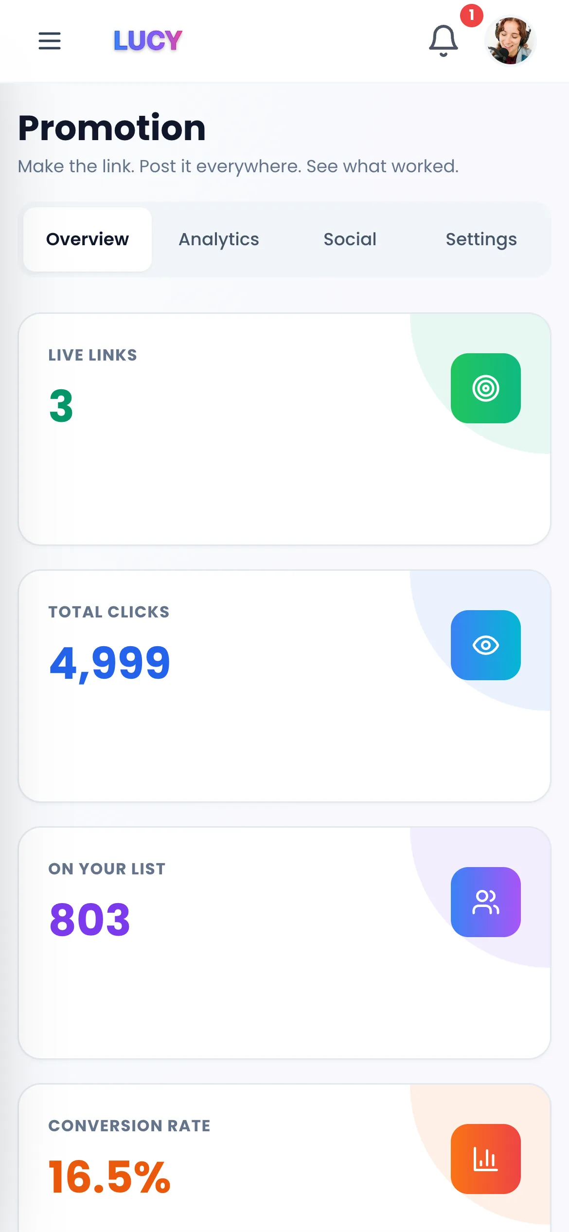 LUCY Promotion: smart links, clicks and fans on your list
