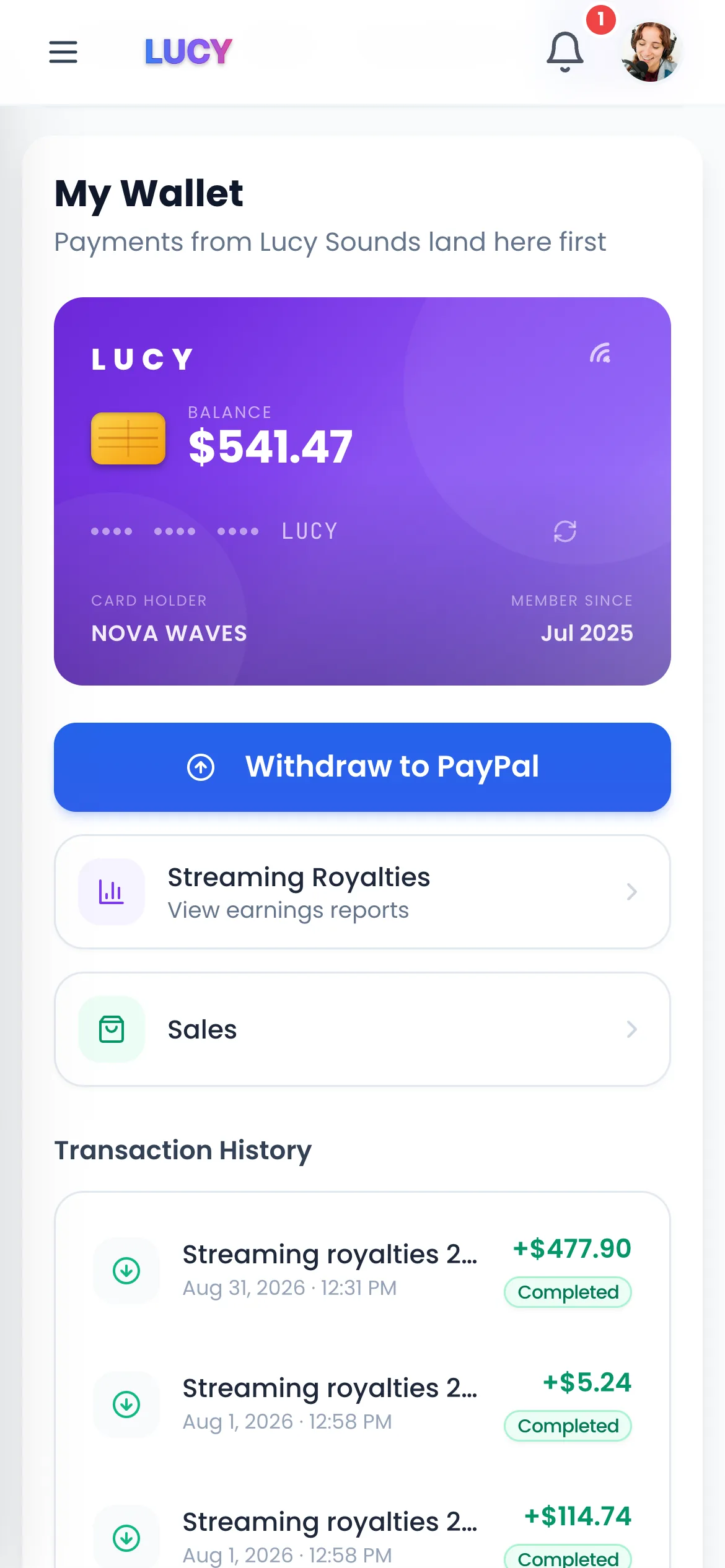 The LUCY wallet: your balance, Withdraw to PayPal and royalty history (demo figures)