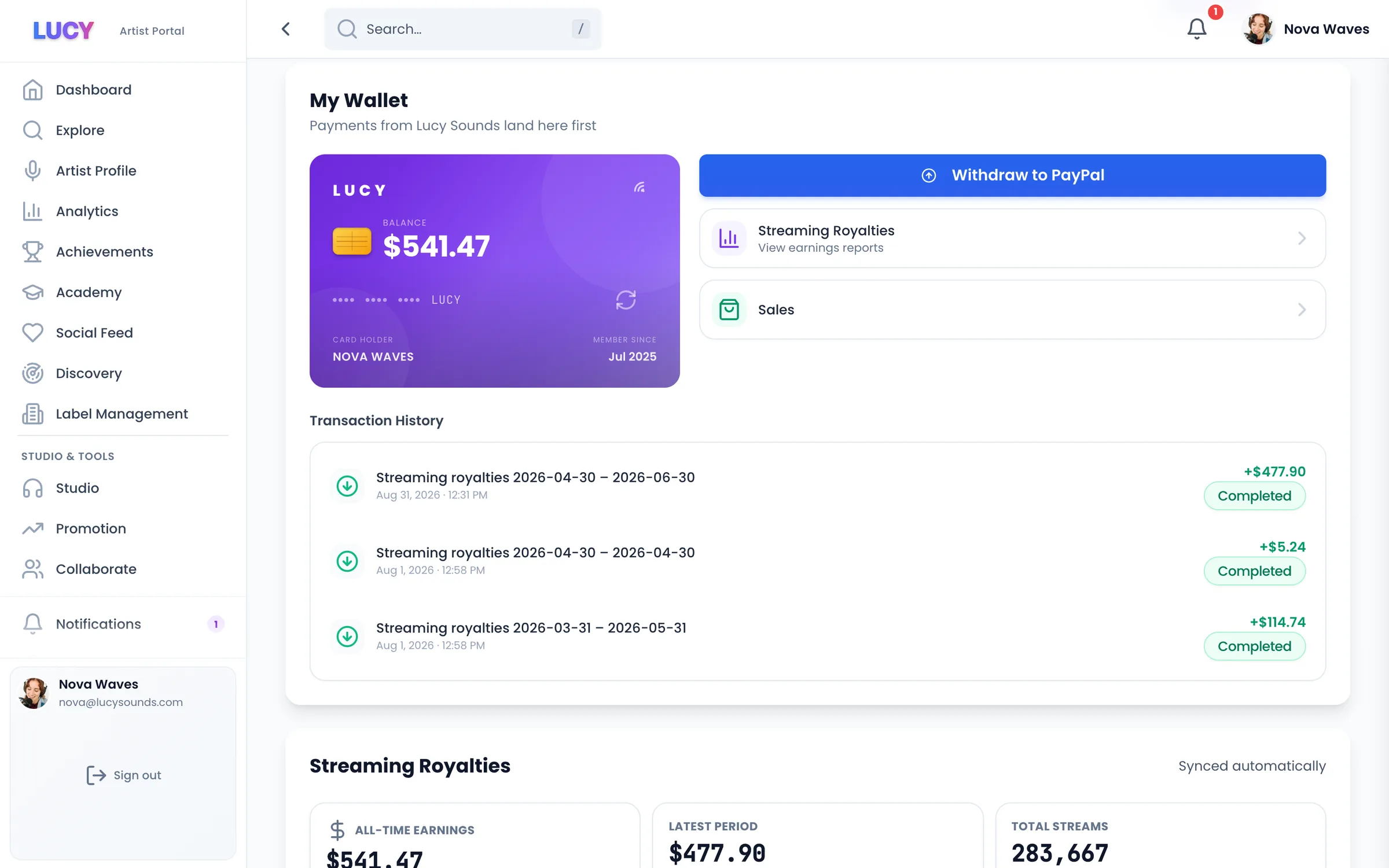 The LUCY wallet: your balance, Withdraw to PayPal and royalty history (demo figures)
