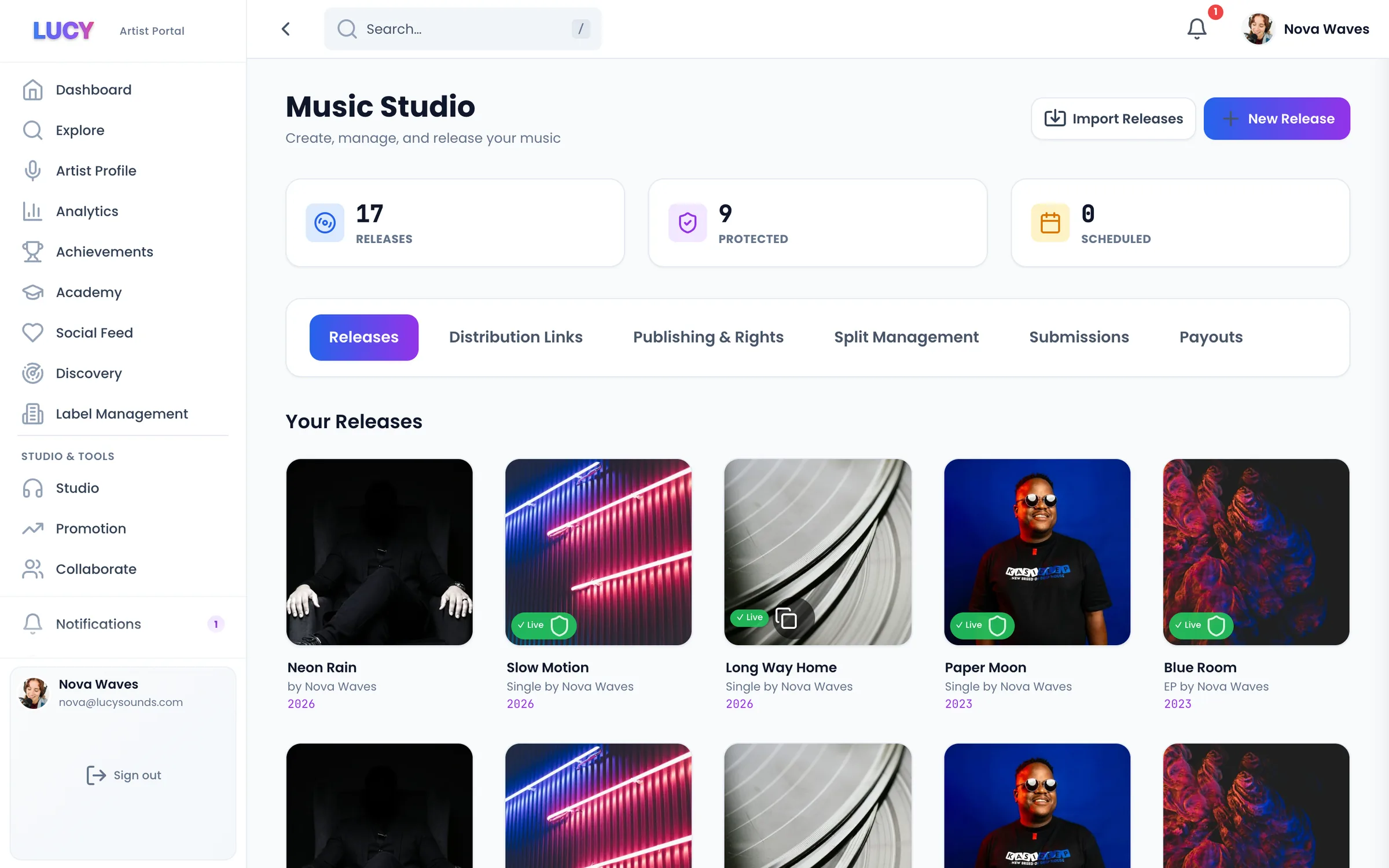 The LUCY Studio: your releases, codes and payouts