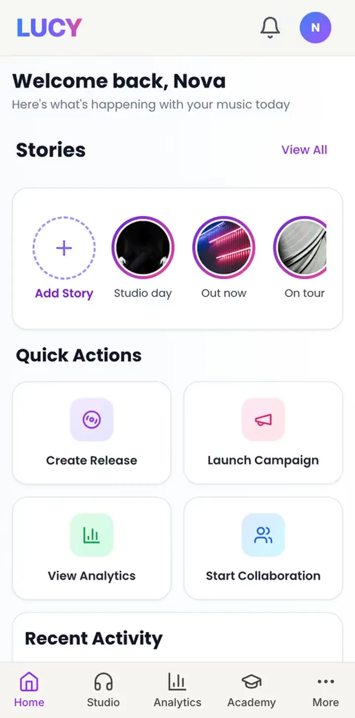 The LUCY app on a phone, moving between the dashboard, Studio, the wallet, Analytics, Promotion and Academy