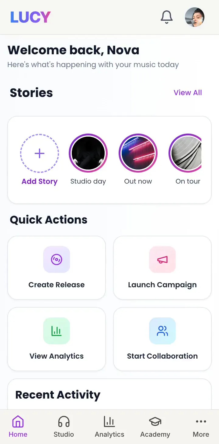 The LUCY app on a phone, moving between Studio, Smart Links, Analytics, Payouts and Academy
